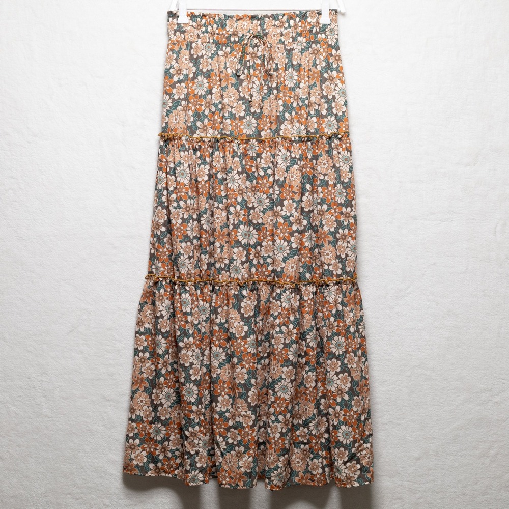 THREE BIRD NEST Floral Tiered Maxi Skirt Fall Colors Retro Flowy Rayon Sz L